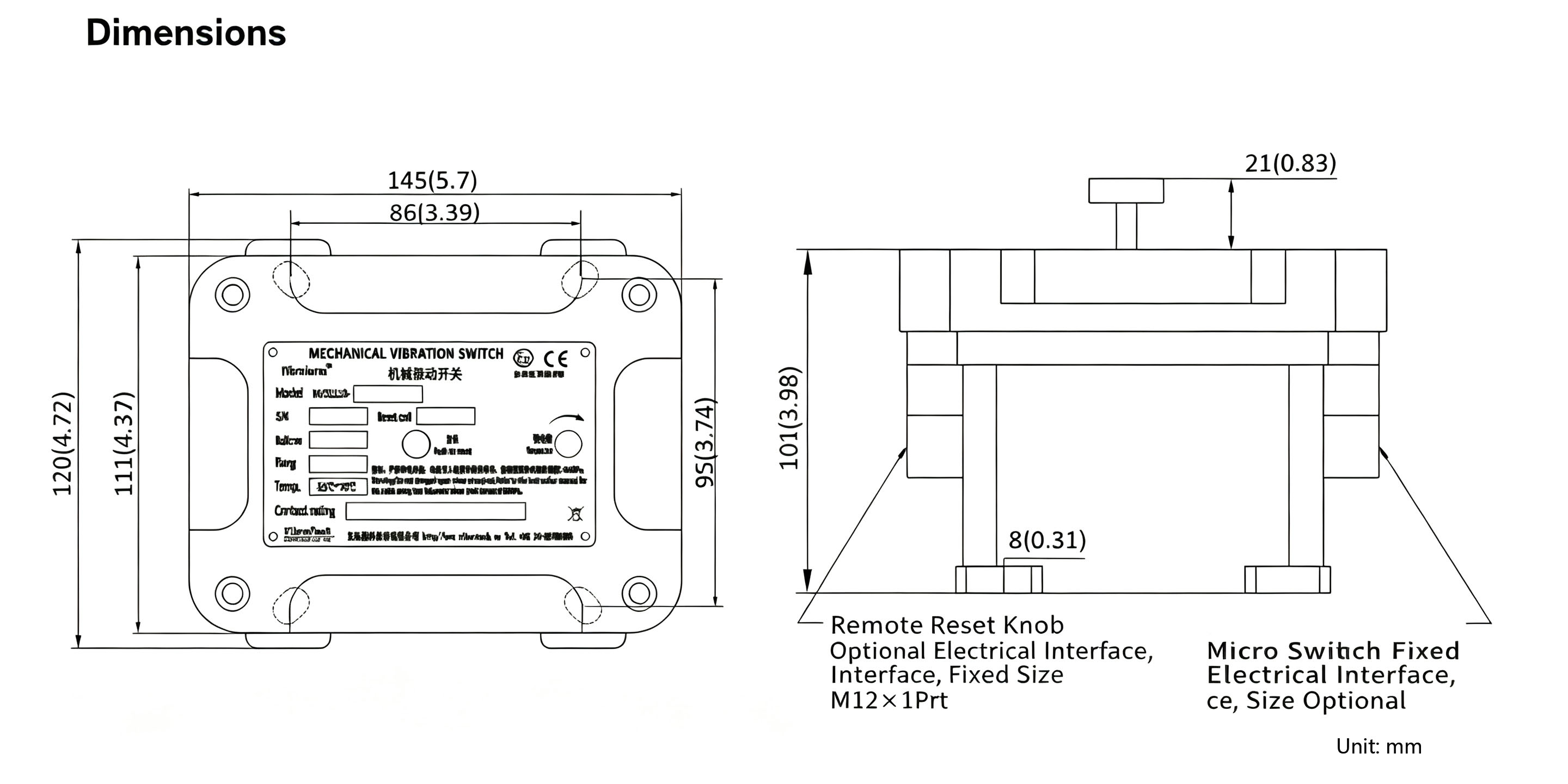 dimension of Mechanical vibration switch dimension of Mechanical vibration switch